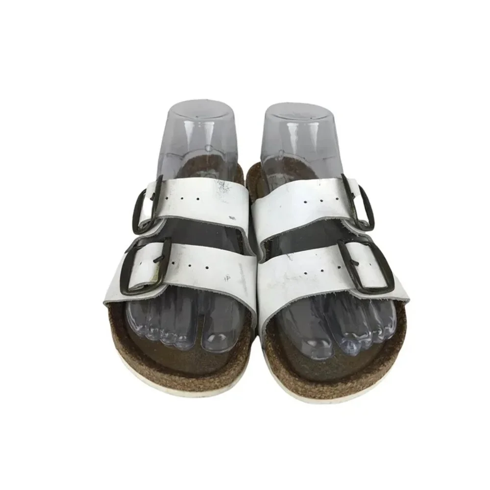 Euro Trekkers Womens White Brown Adjustable Strap Slip On Slide Sandals Sz US 7‎